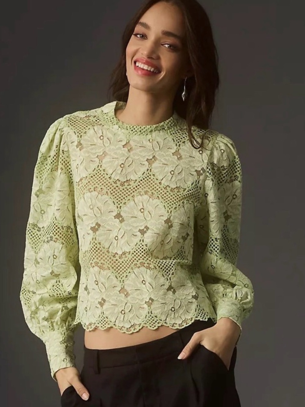Anthropologie Dolan Left Coast Mock-Neck Lace Blouse Lime Green Floral Sz Large